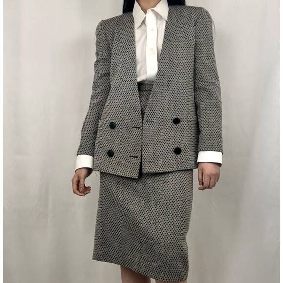 Vintage 80s 90s Christian Dior 100% Wool Monochrome Plaid Skirt Suit Set - Picture 1 of 10